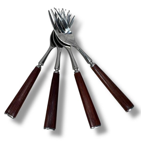 Vintage MCM Dansk Wood Accent Stainless Steel Salad Forks Jens Quistgaard Lot 4 - Picture 1 of 5